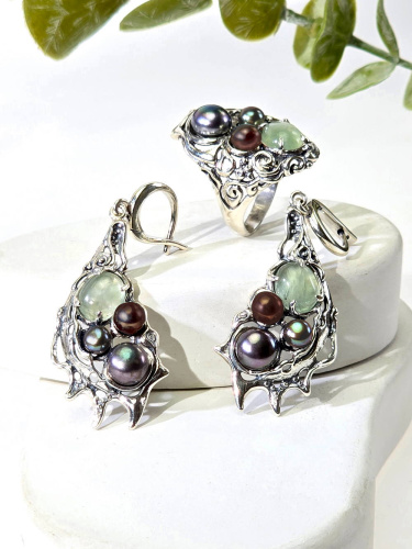 Серебряные серьги ETERI с пренитом и жемчугом